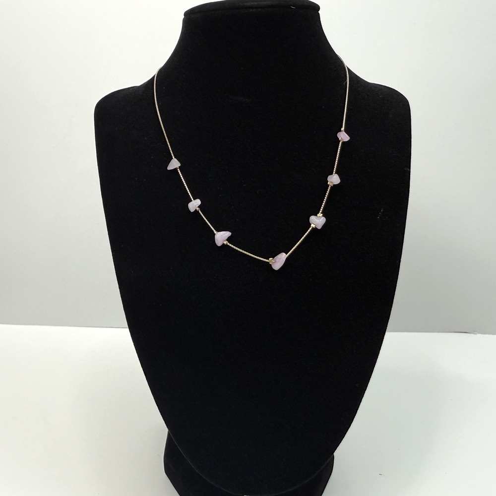 Dainty Necklace Pink Quart Stone Chips Gold Tone Chain Fashion Jewelry 8 in L
